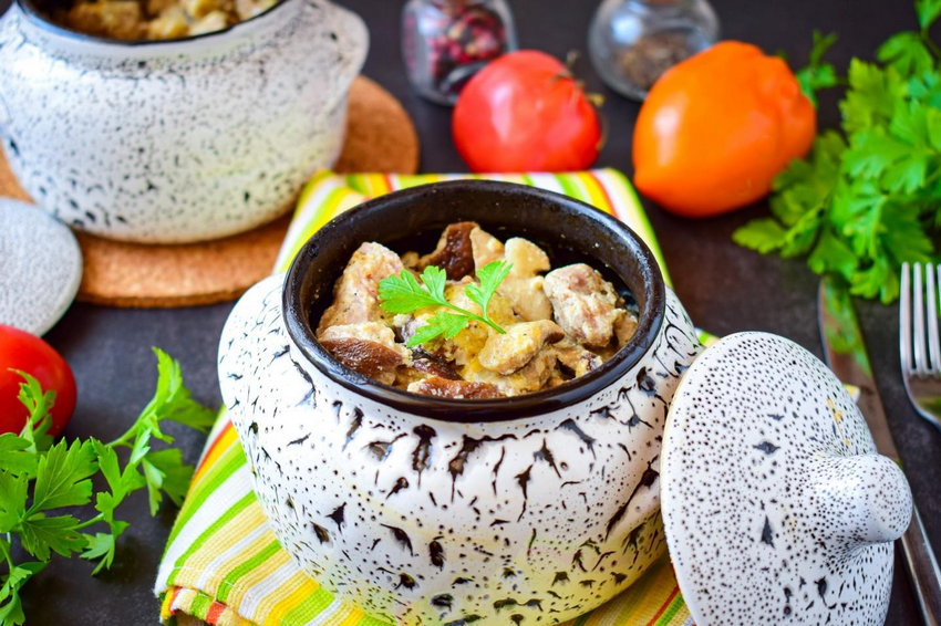 Мясо с грибами и сыром в горшочке запеченное в духовке рецепт приготовления