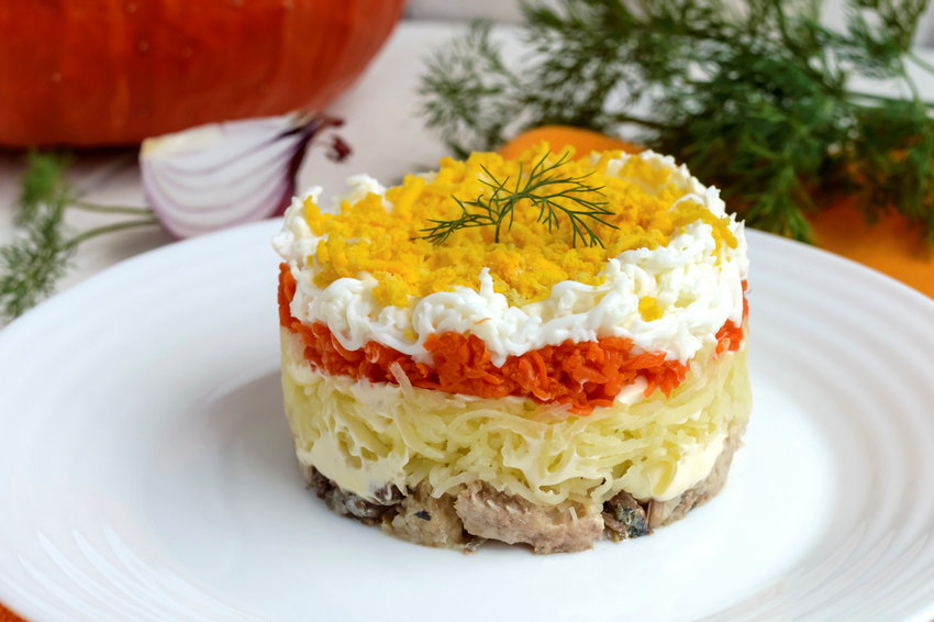 Салат из рыбной консервы и грибов